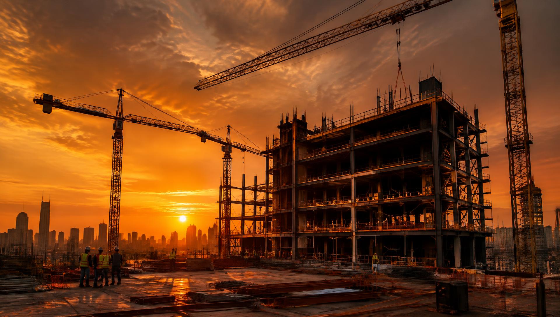 Construction site with cranes at sunset